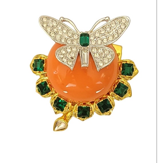 Kenneth Jay Lane Faux Coral Rhinestone Duchess of Windsor Butterfly Brooch, Signed K363