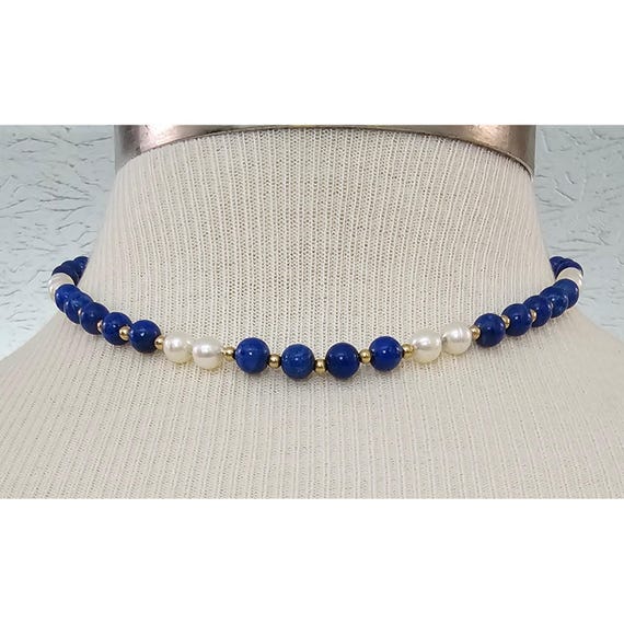 14K Gold Blue Round Stone Pearl Necklace J447