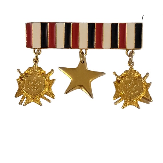 Gold Tone Red Blue White Enamel Bar Shield Star Dangle Brooch Pin K519