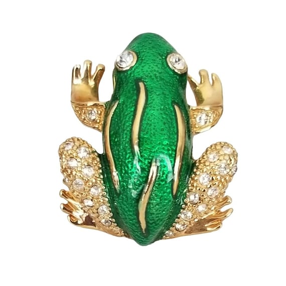 Roman Green Enamel Rhinestone Frog Brooch Pin, Signed M162