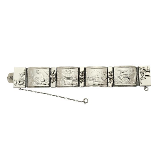 Whiting & Davis Silver Tone Asian Themed Dragon Storyteller Hinged Bracelet J845