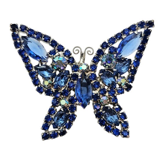 Weiss Blue Rhinestone Butterfly Brooch Vintage Signed Pin
