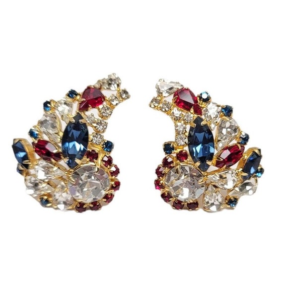 Hobe Goldtone Red Blue Clear Rhinestone Climber Leaf Clip Earrings Signed