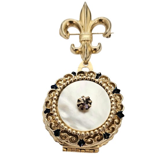 CORO Pegasus Gold Tone MOP 4 Photo Dual Locket Brooch Fleur De Lis Bar Pin, Signed L966