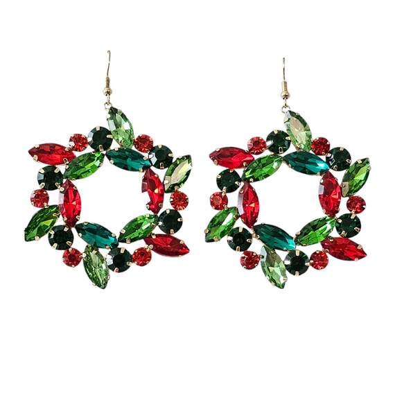 Red Green Teal Glass Prong Set Rhinestone Statement Star Wreath Earrings L418