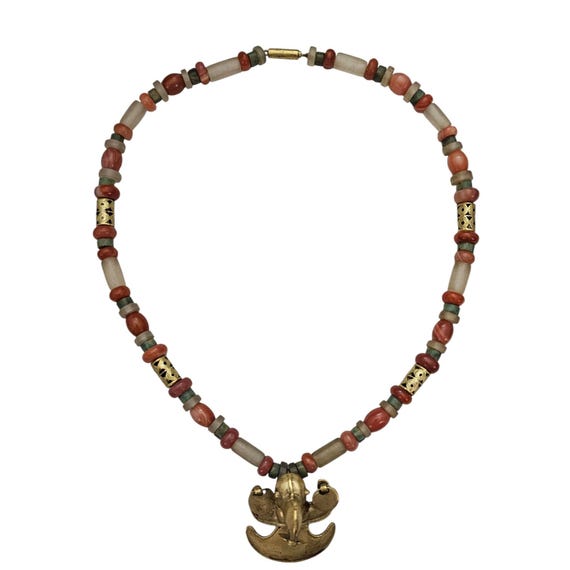Museum Replica Stone Bead Gold Tone Aztec Figural Necklace 20" Length