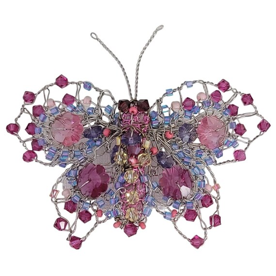 Pink, Periwinkle Blue Crystal Wire Beaded Butterfly Pin Brooch K709