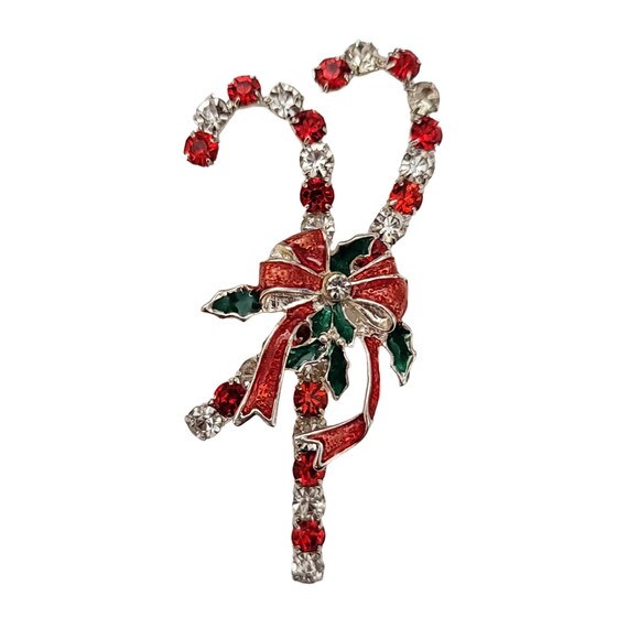 Silver Tone Red Clear Prong Set Rhinestone Christmas Candy Cane Pin Brooch K722