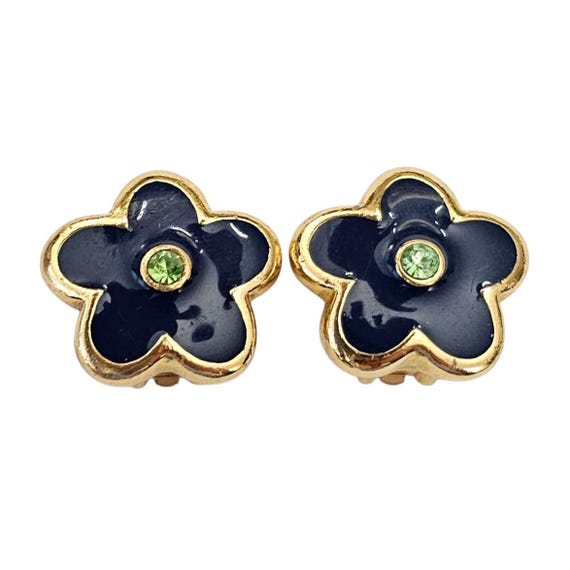 Doncaster Green Rhinestone Blue Daisy Clip-On Earrings, Signed