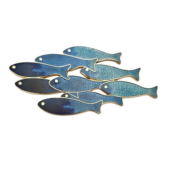 Fish Enterprise Blue Teal Champleve School Of Fish Brooch Pin Signed, J47