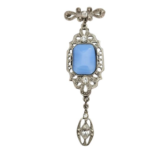 1928 Brand Silver Tone Blue Glass Art Deco Style Clear Rhinestone Dangle Brooch