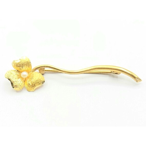 18k Yellow Gold Long Stem Flower Pearl Brooch C Clasp