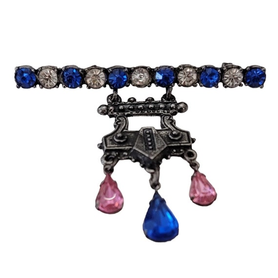 Silver Tone Blue Clear Rhinestone Art Deco Patriotic Charm Dangles Bar Pin, E673