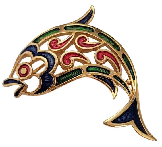 Trifari L’ Orient Red Blue Green Enamel Fish Brooch E798