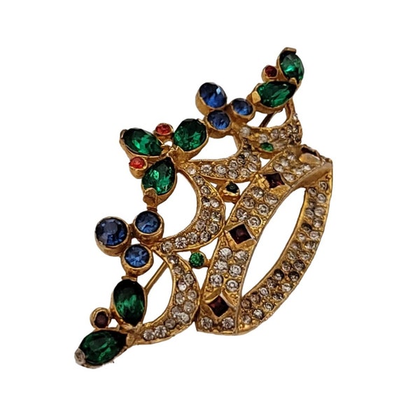 Gold Tone Blue Green Red Rhinestone Crown Vintage… - image 3