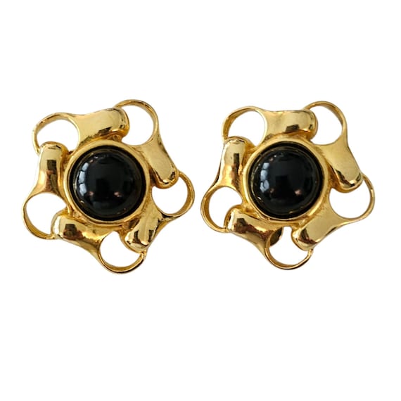 Paolo Gucci Clip On Earrings Black Center Lucite Chain Star Signed, J99