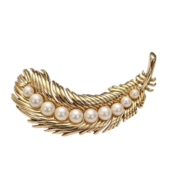 Trifari Signed With Crown Over T Faux Pearl Feather Plume Brooch, J43