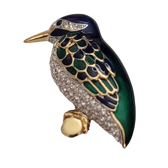 iG Brand Blue, Green Enamel Clear Rhinestone Bird On Branch Brooch E877