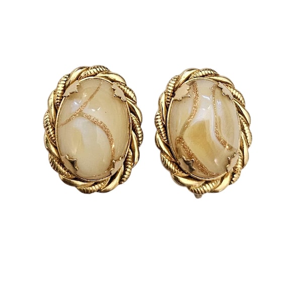 Gold Tone Oval Golden Mist Clip On Earrings, Art Glass Swirl Rope Twist