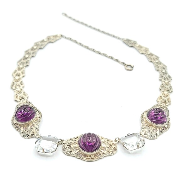Art Deco Sterling Silver Filigree Chain With Molded Domed Ridged Purple Cabochon, Necklace 18"