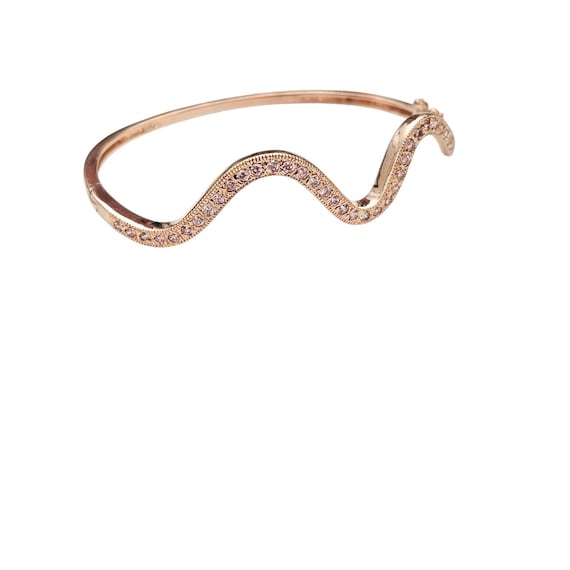 Sterling Silver Pink Rhinestone Rose Vermeil Hinged Wavy Bangle C698