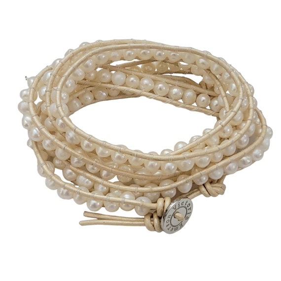 Victoria Emerson White Leather and Pearls Wrap Bracelet, 36" Long K338
