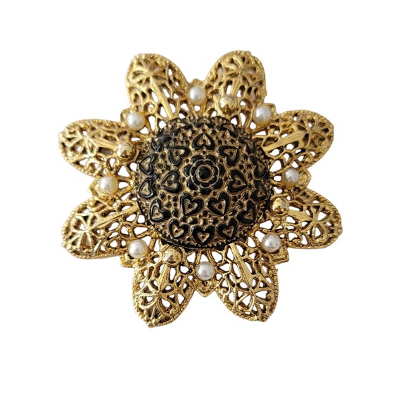 Craft Gold Tone Faux Pearl Black Resin Heart Center Statement Brooch Pin, Signed E643