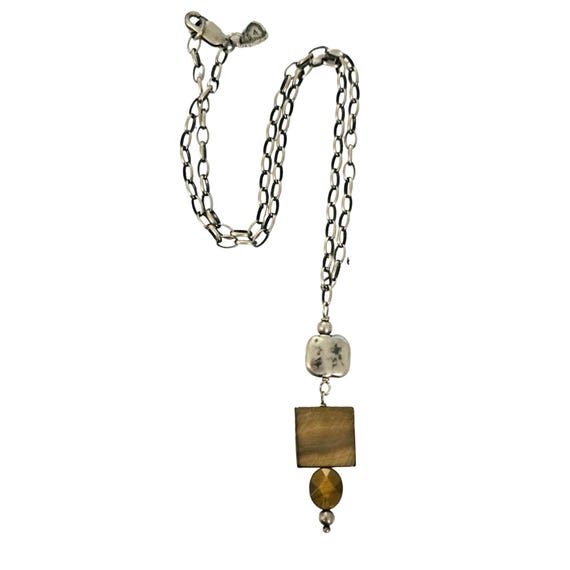 Silpada Sterling Silver Shell Tiger’s Eye Pendant Oxidized Chain Necklace L212