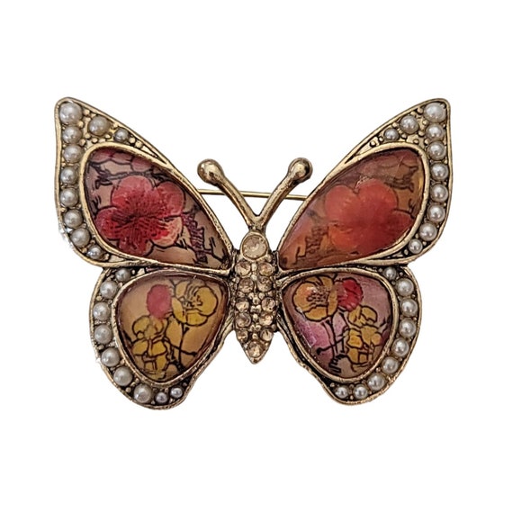 LC Liz Claiborne Gold Tone Faux Pearl Floral Resin Rhinestone Butterfly Brooch Pin, Signed L01
