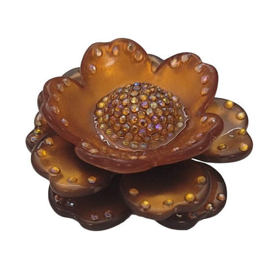 Butterscotch Orange Gold AB Rhinestone Multi Layer Flower Chunky Flower Brooch E608