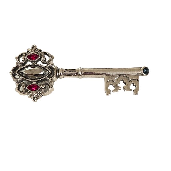1928 Brand Red Blue Rhinestone Silver Tone Key Brooch Pin L259
