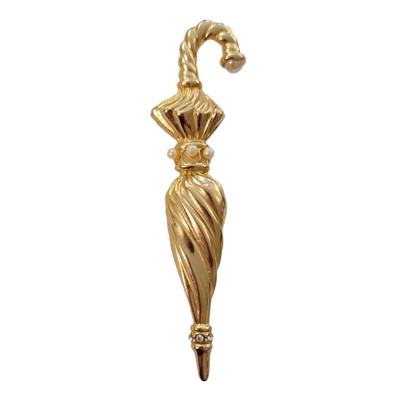 1928 Brand Gold Tone Faux Pearl Clear Rhinestone Umbrella Parasol Brooch Pin K997