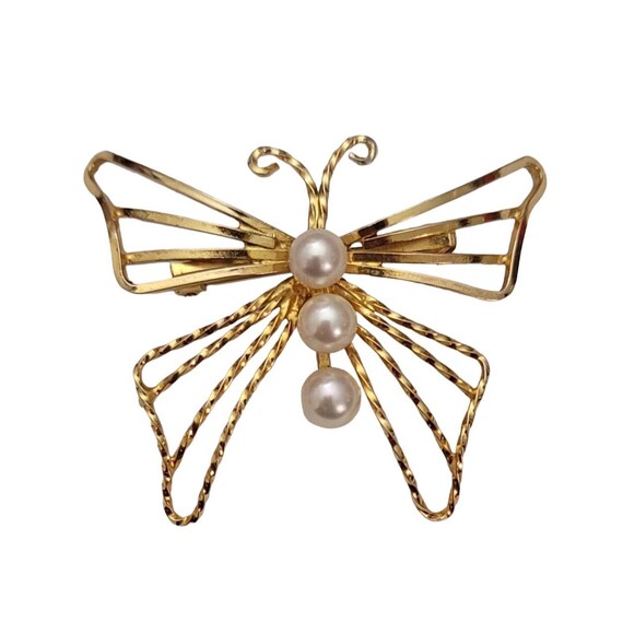 1-20 12K GF Gold Filled Genuine Pearl Open Butterfly Brooch Pin E490