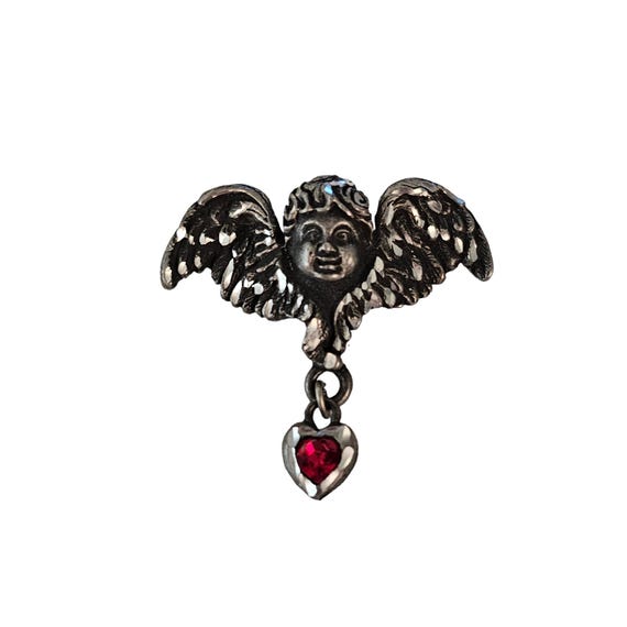 EAE Pewter Cupid Read Heart Rhinestone Charm Dangle Brooch, Signed L288