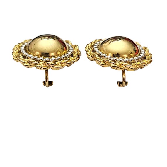 Gold Tone Round Domed Clip On Rope Edge Silver Tone Trim Earrings C906