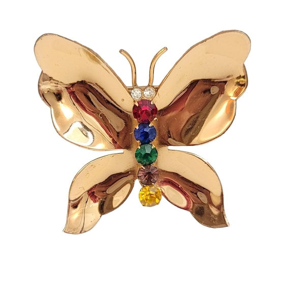 Coro Sterling Gold Tone Multicolor Rhinestone Butterfly Pin Brooch, Signed M691