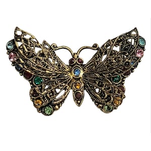 Czechoslovakia Gold Tone Rhinestone Filigree Butterfly Pin Brooch, Signed