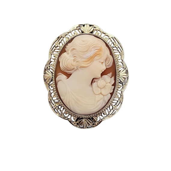 Symmetalic Sterling 12K Gold Shell Carved Cameo Brooch Pendant, Signed
