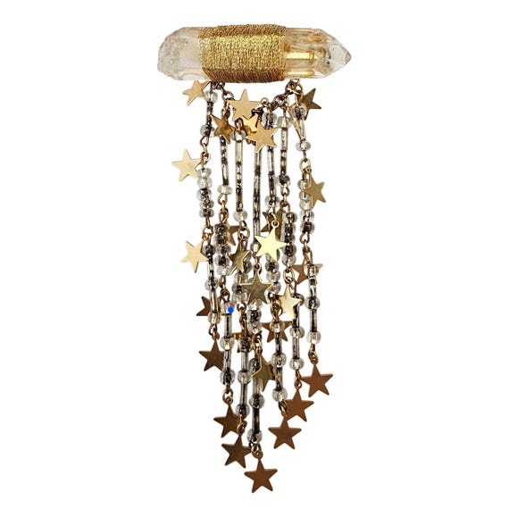 Quartz Crystal Brooch Glass Bead Gold Star Dangle Pin J669