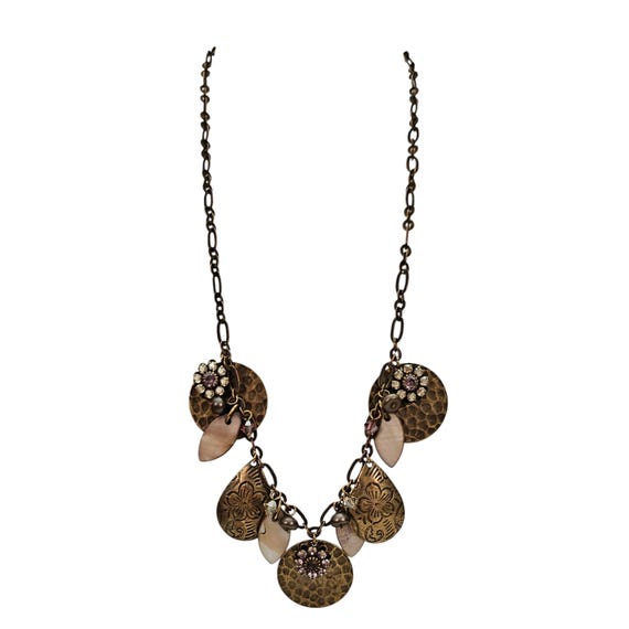 Liz Palacios Necklace Hammered Disc, Copper Pearls, Pink Crystal, Rhinestone Flowers Chain L470