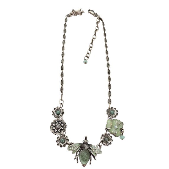 Mary DeMarco Silver Tone Green Enamel Fly Flower Necklace Molded Glass