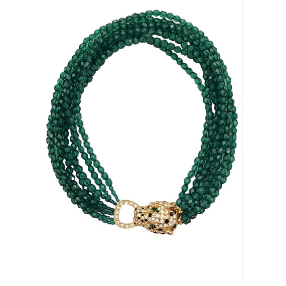 Gold Tone Cat Multi Strand Green Lucite Beaded Necklace 18” Long K308