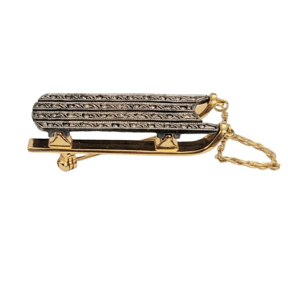 Darlene Gold Tone Silver Tone Faux Marcasite Snow Sled Brooch Pin, Signed E286