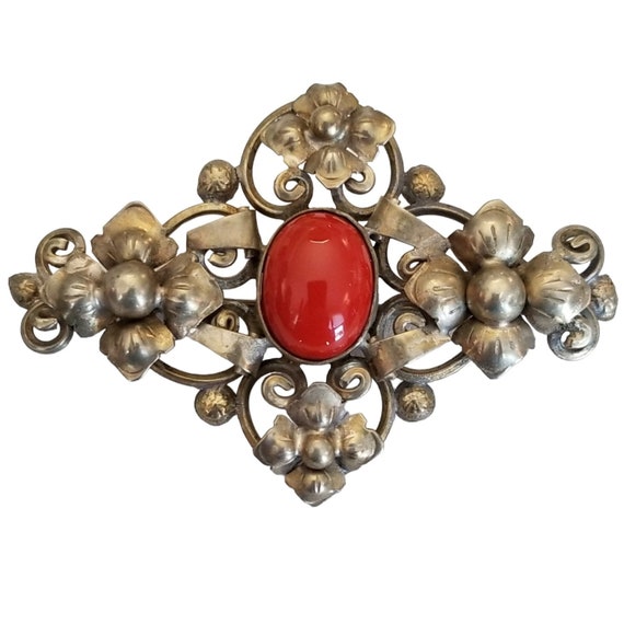 Silver Tone Art Nouveau Floral Scroll, Red Orange Oval Glass Cab Stone Floral Brooch, M970