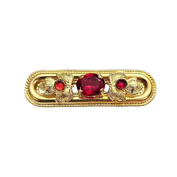 Red Rhinestone Czech Gold Tone Oval Bar Brooch Pin J407
