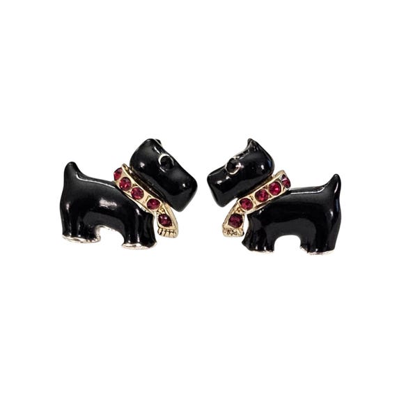 Talbots Black Enamel Red Rhinestone Scottie Dog Post Earrings L823