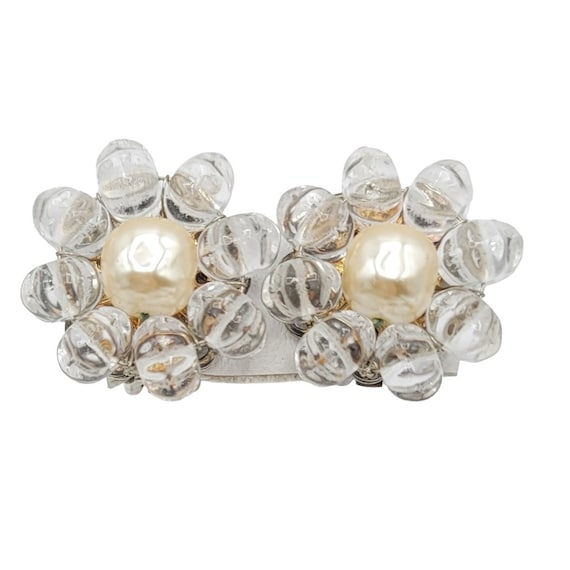Miriam Haskell Silver Tone Faux Pearl Clear Glass Bead Clip On Earrings, Signed