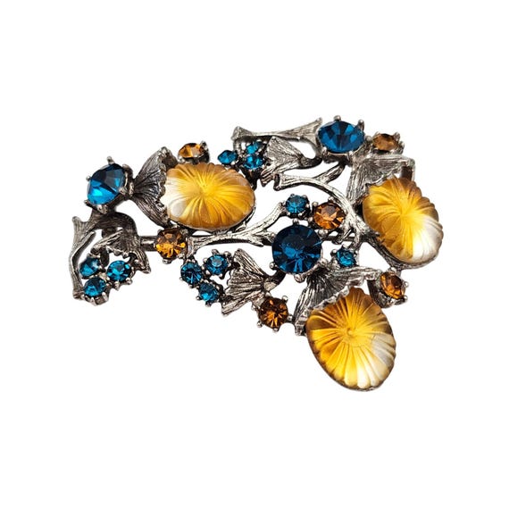 HAR Rare Thistle Style Brooch Yellow Givre Blue Rhinestone Pin Signed, J474