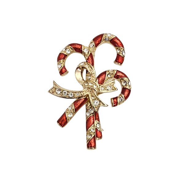 Monet Red Enamel Clear Rhinestone Candy Canes Bow Brooch Pin, Signed L836