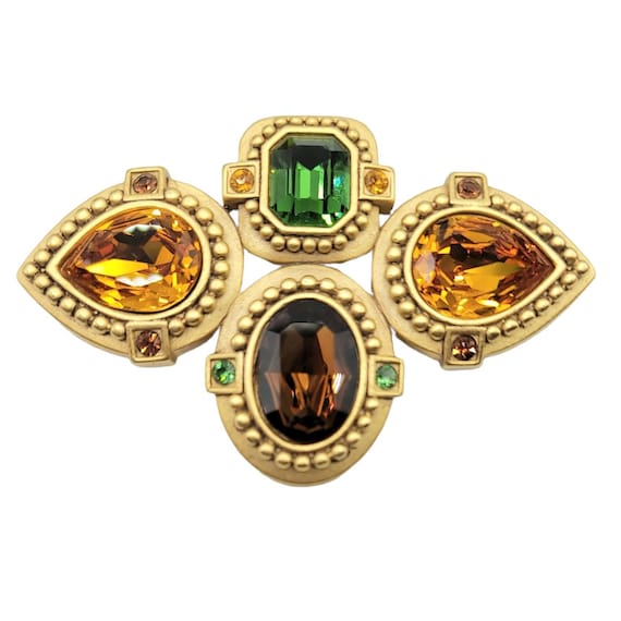 Oscar De La Renta Golden Green Topaz Faceted Rhinestone Brooch Signed